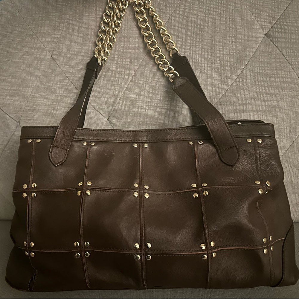 Brown Leather Patch Bebe Bag W Chains - image 8